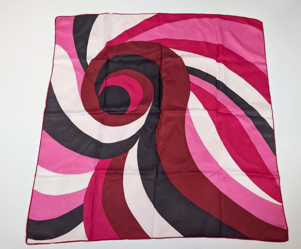 Vintage 60s Scarf Black Pink Red Swirl Mod Square Hair Neck Acetate